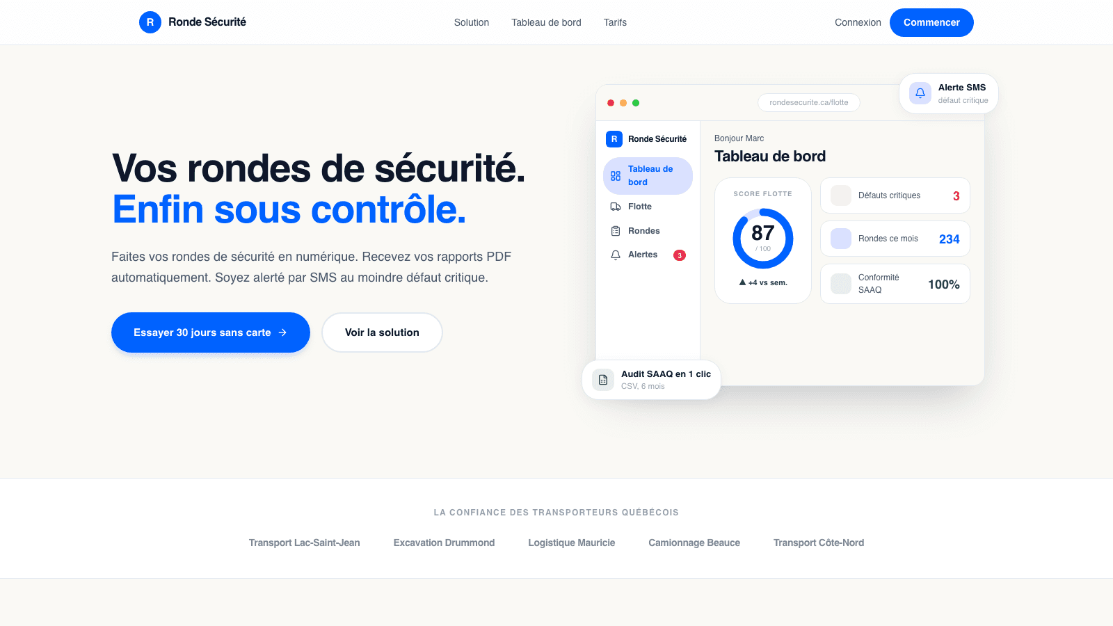 Page d'accueil de Ronde Sécurité
